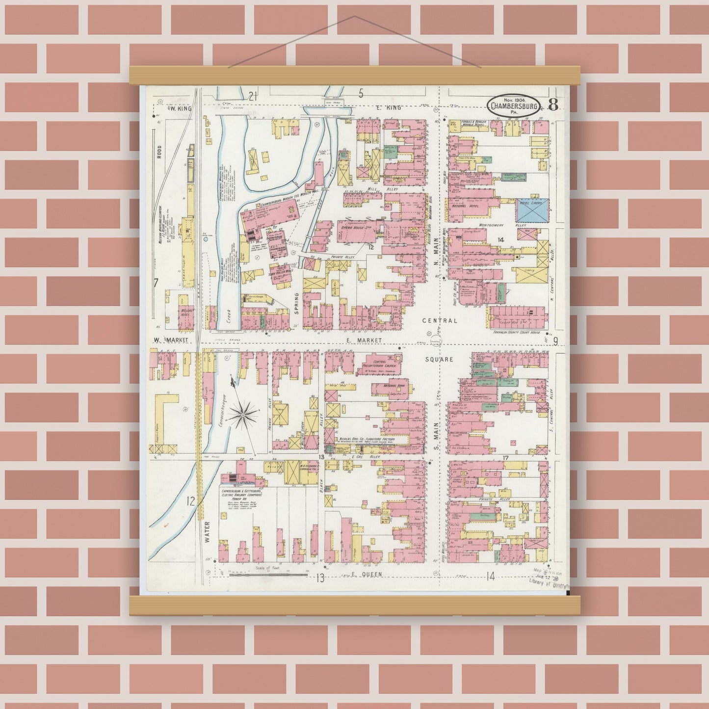 Old map wall art mockup — magnetic wood frame on brick wall — Sanborn Fire Insurance Map from Chambersburg, Franklin County, Pennsylvania (1904), Sheet #0008