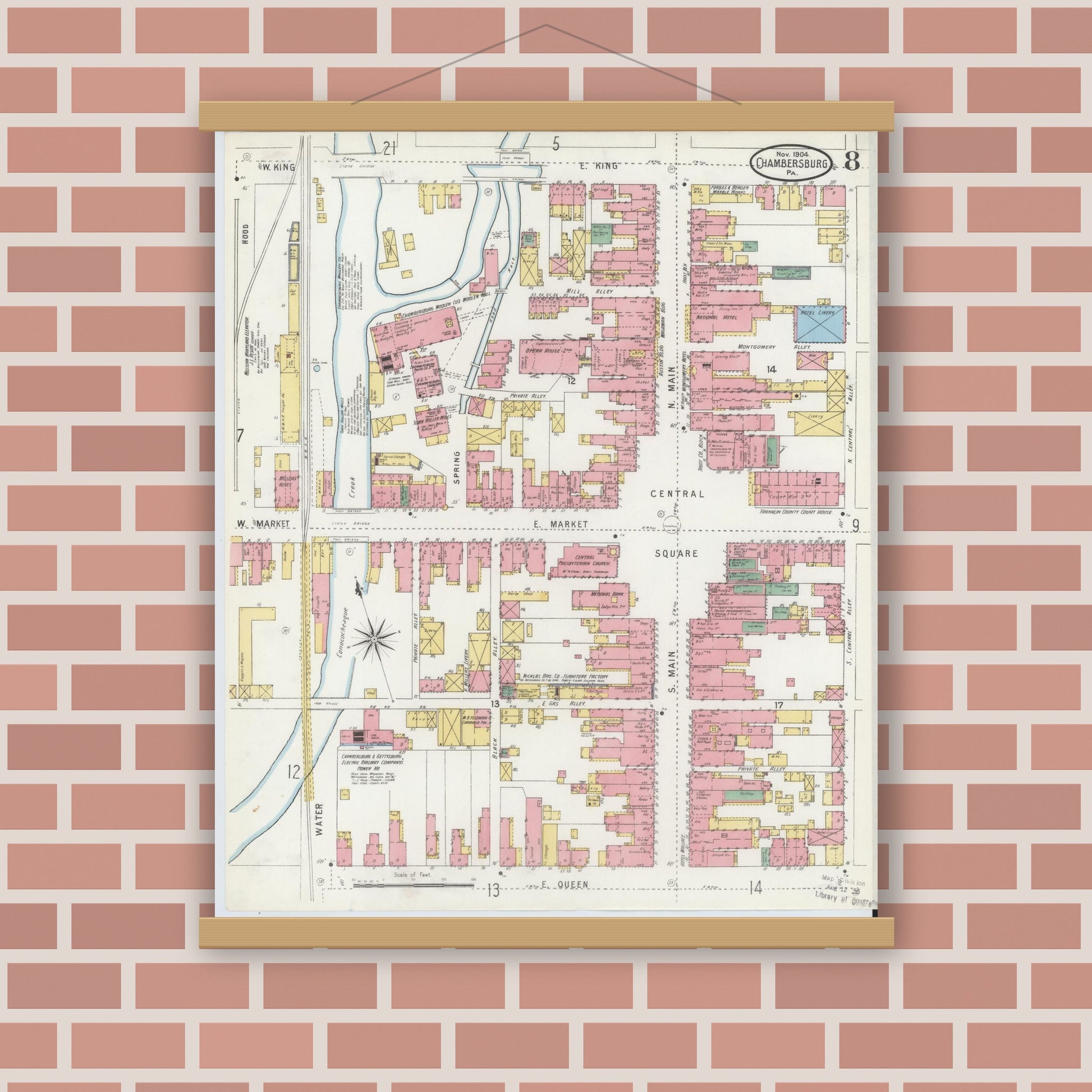 Old map wall art mockup — magnetic wood frame on brick wall — Sanborn Fire Insurance Map from Chambersburg, Franklin County, Pennsylvania (1904), Sheet #0008