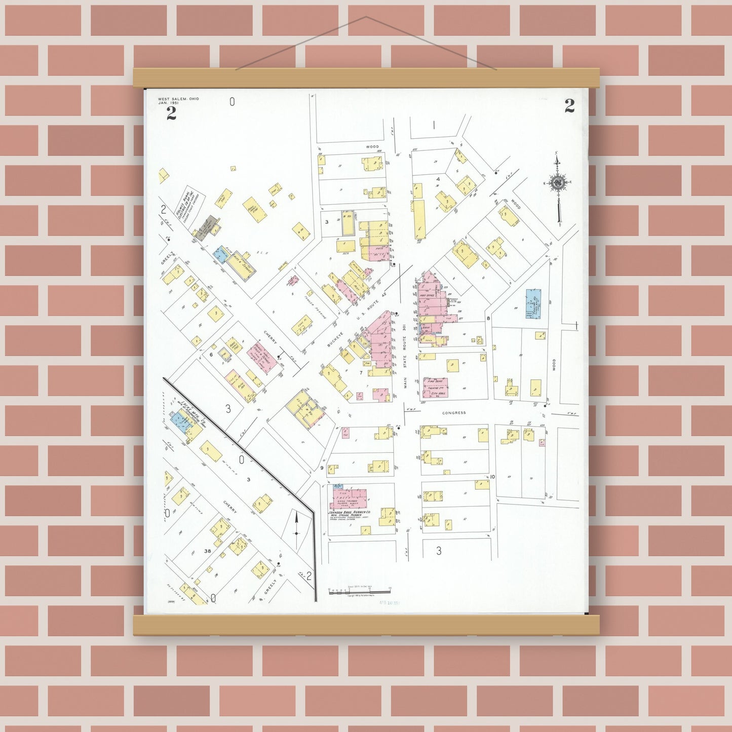 Old map wall art mockup — magnetic wood frame on brick wall — Sanborn Fire Insurance Map from West Salem, Wayne County, Ohio (1951), Sheet #0002