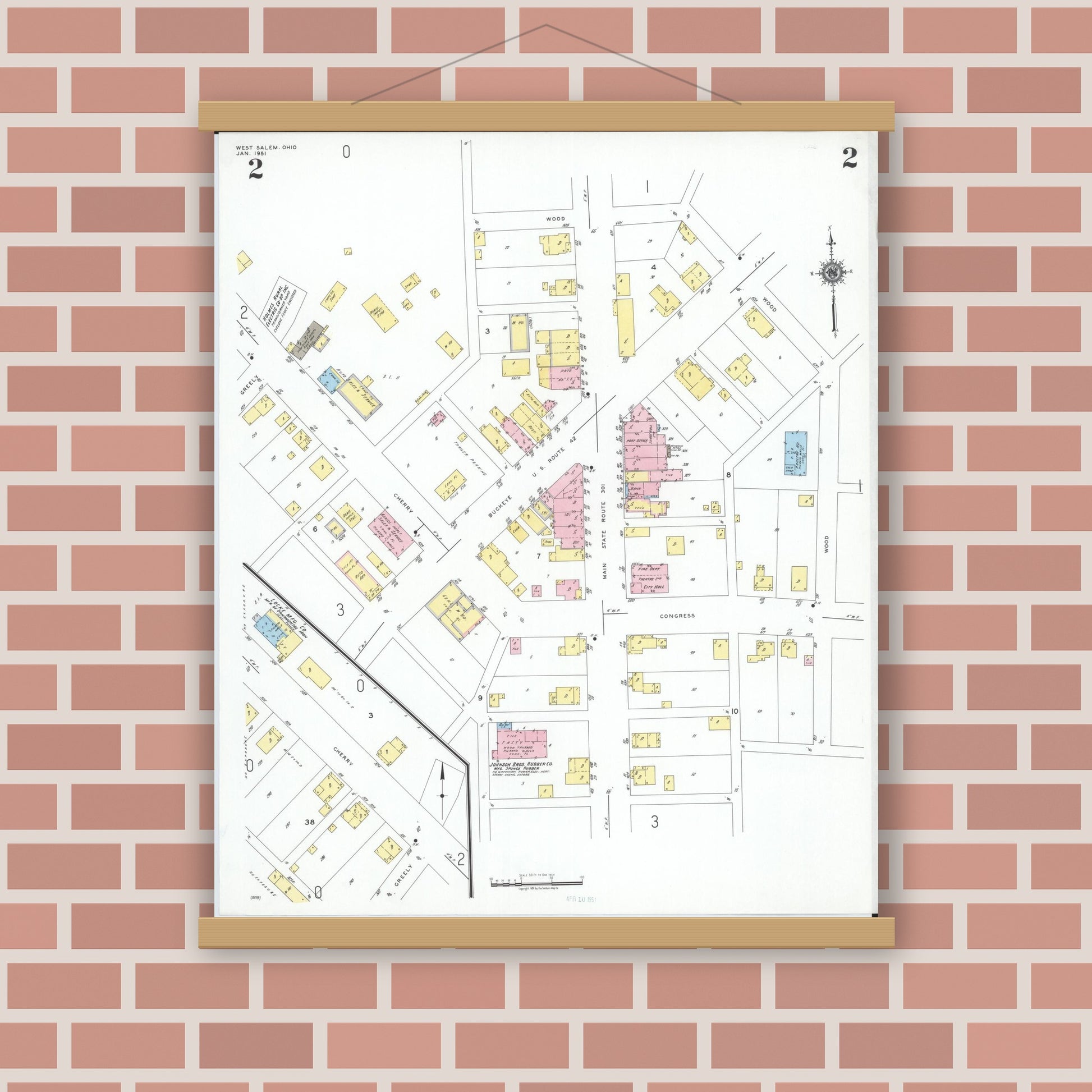 Old map wall art mockup — magnetic wood frame on brick wall — Sanborn Fire Insurance Map from West Salem, Wayne County, Ohio (1951), Sheet #0002