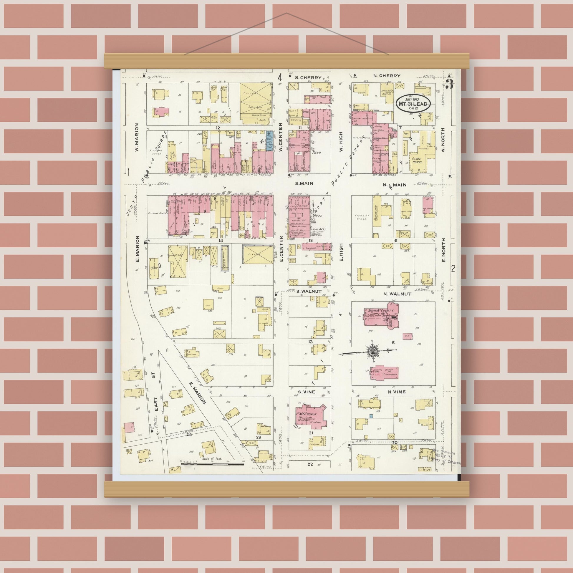 Old map wall art mockup — magnetic wood frame on brick wall — Sanborn Fire Insurance Map from Mount Gilead, Morrow County, Ohio (1910), Sheet #0003