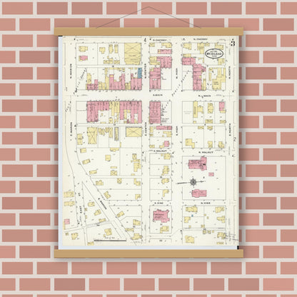 Old map wall art mockup — magnetic wood frame on brick wall — Sanborn Fire Insurance Map from Mount Gilead, Morrow County, Ohio (1910), Sheet #0003
