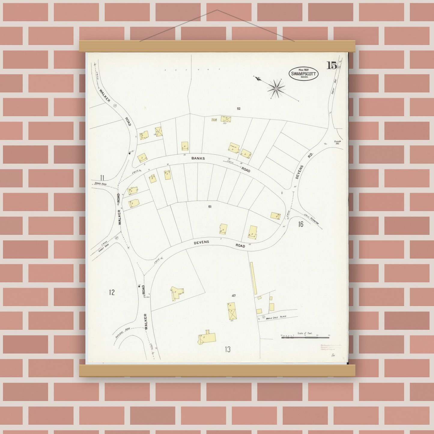 Old map wall art mockup — magnetic wood frame on brick wall — Sanborn Fire Insurance Map from Swampscott, Essex County, Massachusetts (1907), Sheet #0015