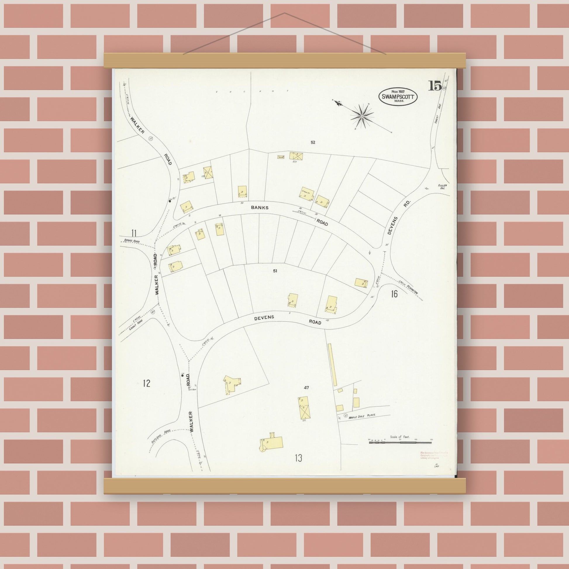 Old map wall art mockup — magnetic wood frame on brick wall — Sanborn Fire Insurance Map from Swampscott, Essex County, Massachusetts (1907), Sheet #0015