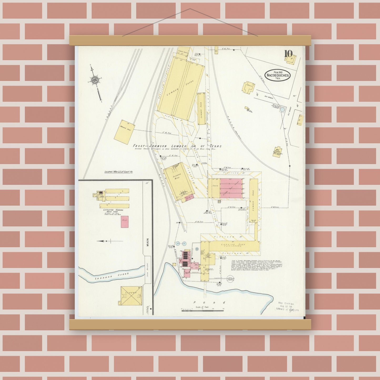 Old map wall art mockup — magnetic wood frame on brick wall — Sanborn Fire Insurance Map from Nacogdoches, Nacogdoches County, Texas (1912), Sheet #0010