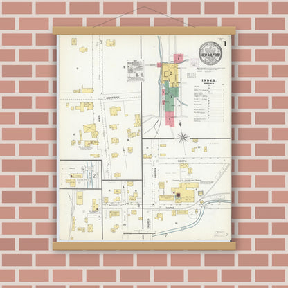 Old map wall art mockup — magnetic wood frame on brick wall — Sanborn Fire Insurance Map from New Milford, Susquehanna County, Pennsylvania (1904) - Complete Map Set
