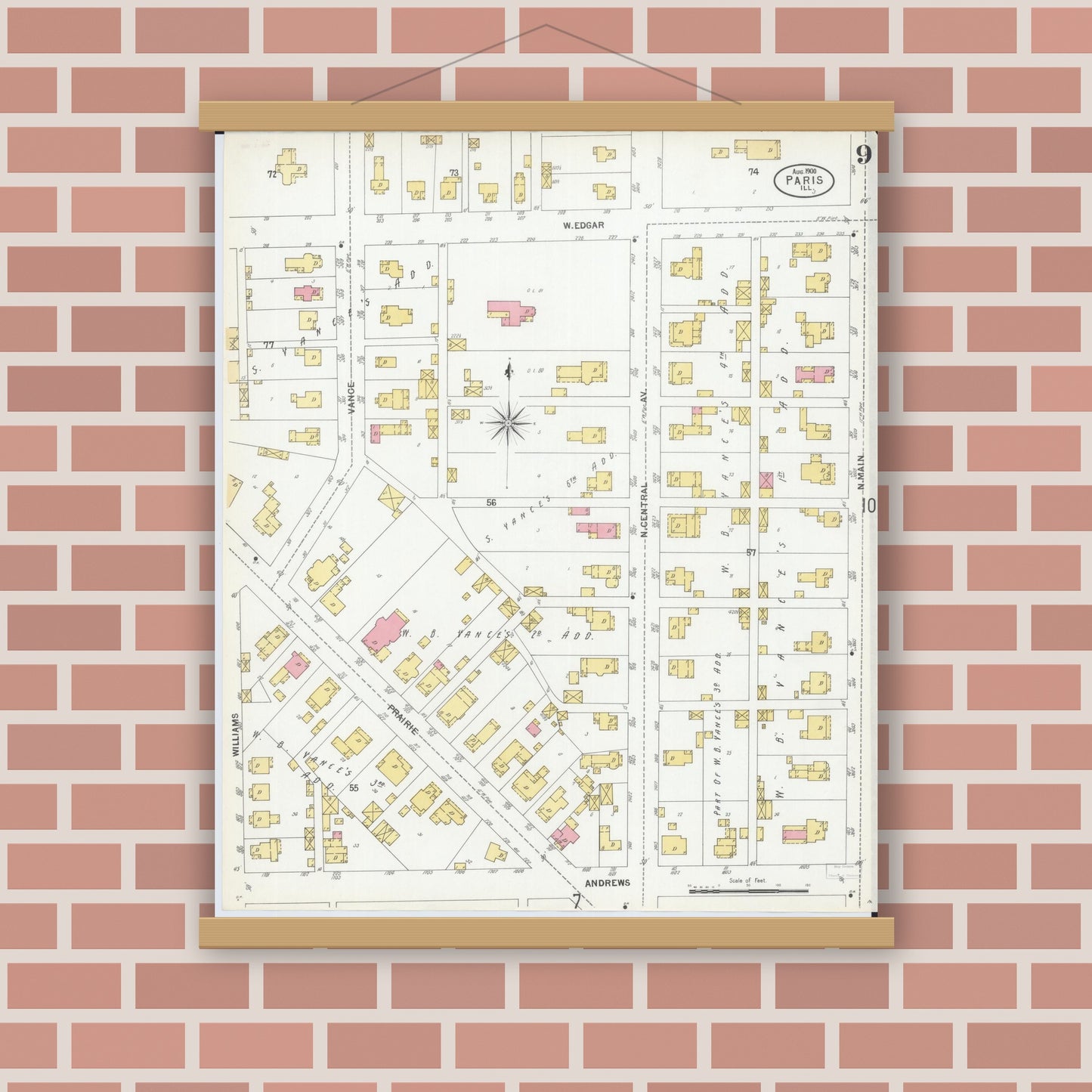 Old map wall art mockup — magnetic wood frame on brick wall — Sanborn Fire Insurance Map from Paris, Edgar County, Illinois (1900), Sheet #0009