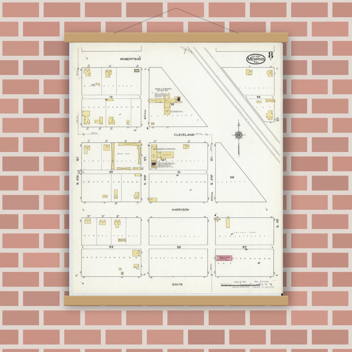 Old map wall art mockup — magnetic wood frame on brick wall — Sanborn Fire Insurance Map from Memphis, Hall County, Texas (1920), Sheet #0008