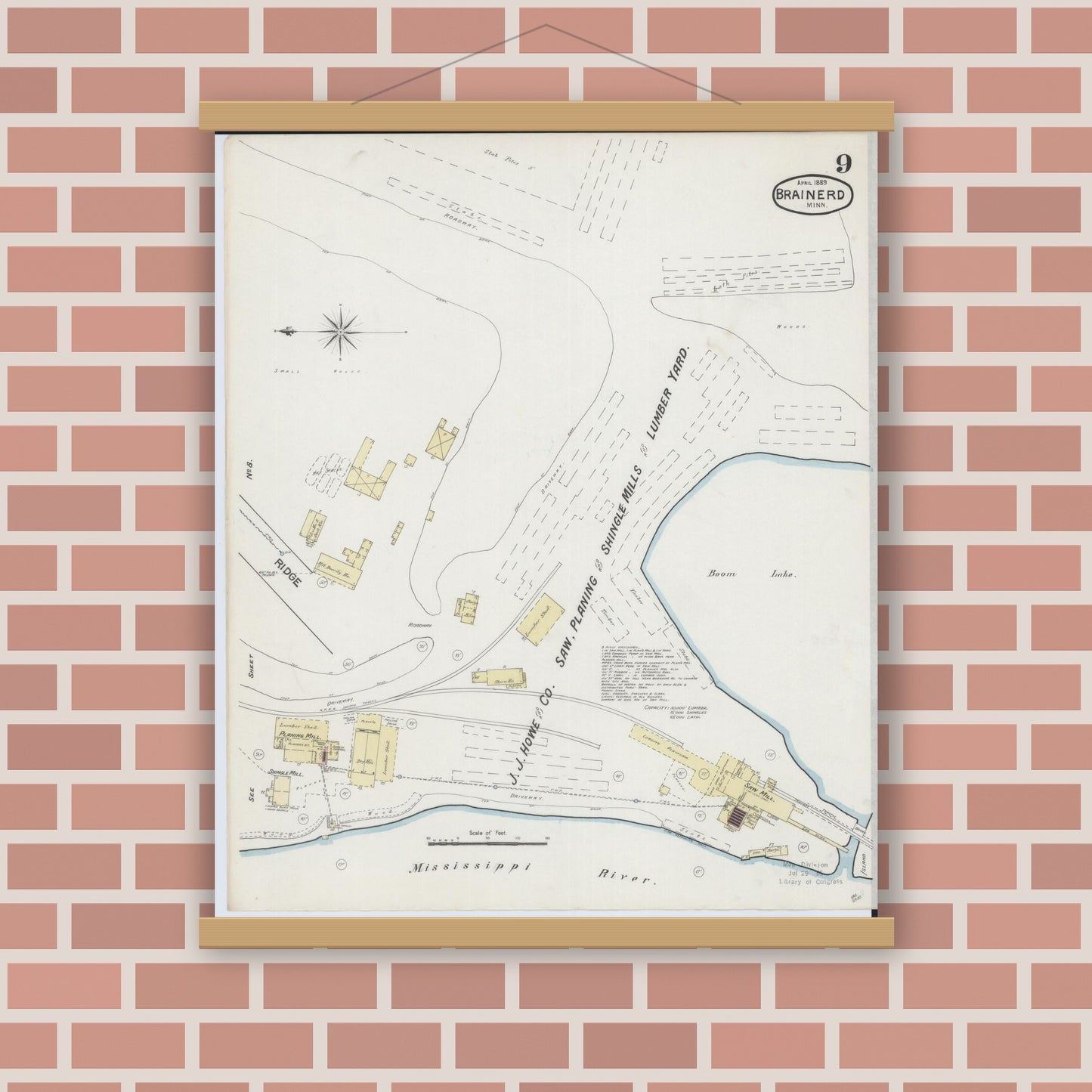 Old map wall art mockup — magnetic wood frame on brick wall — Sanborn Fire Insurance Map from Brainerd, Crow Wing County, Minnesota (1889), Sheet #0009