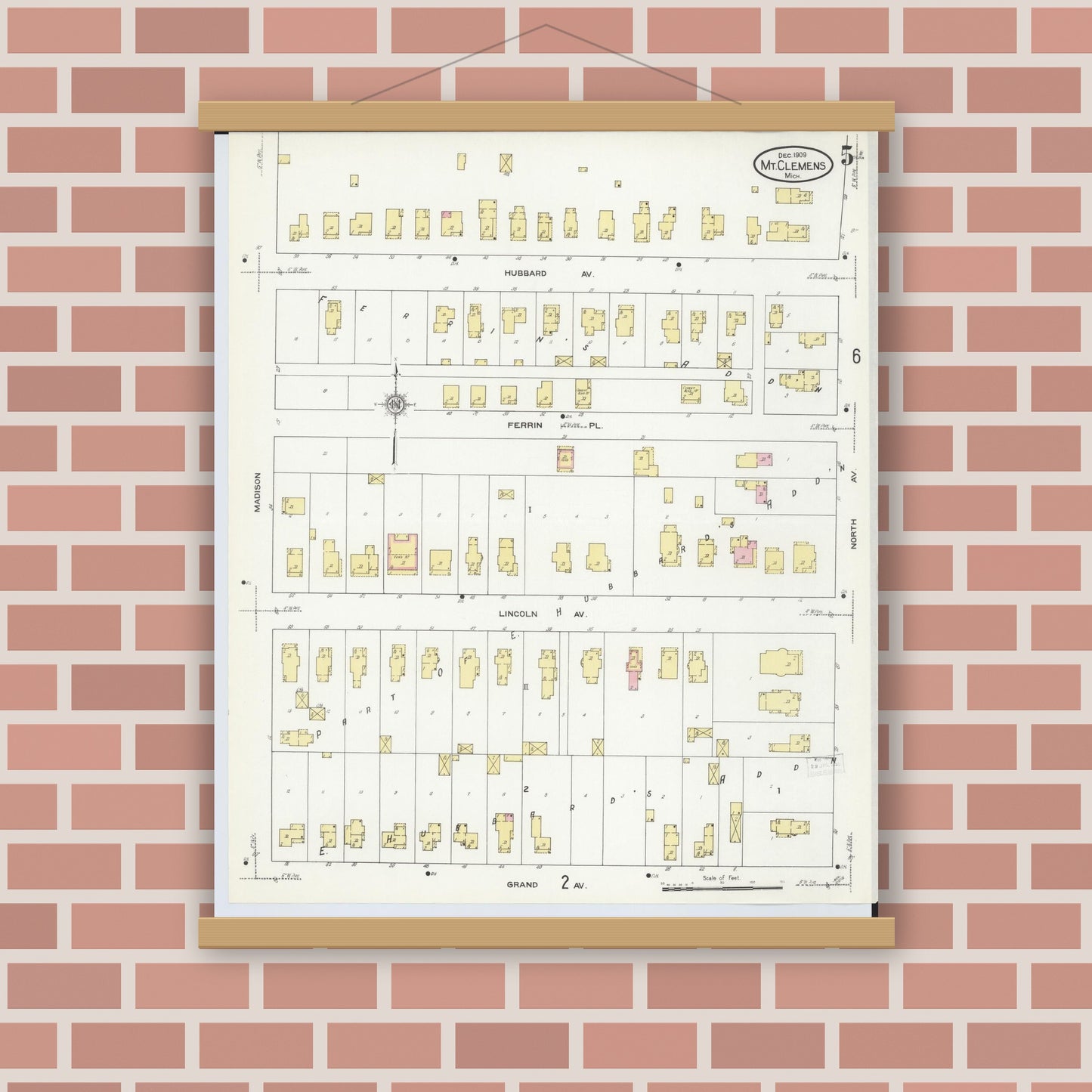 Old map wall art mockup — magnetic wood frame on brick wall — Sanborn Fire Insurance Map from Mount Clemens, Macomb County, Michigan (1909), Sheet #0005