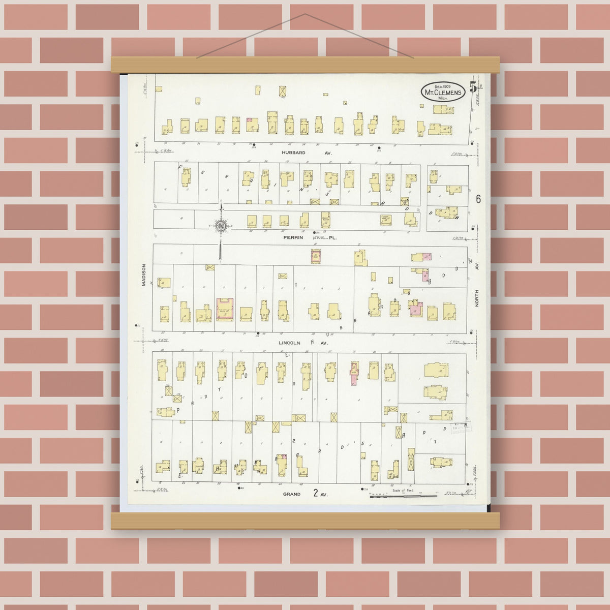 Old map wall art mockup — magnetic wood frame on brick wall — Sanborn Fire Insurance Map from Mount Clemens, Macomb County, Michigan (1909), Sheet #0005