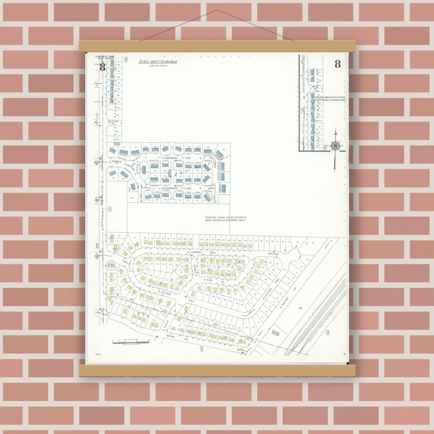Old map wall art mockup — magnetic wood frame on brick wall — Sanborn Fire Insurance Map from Osborn, Greene County, Ohio (1943), Sheet #0008