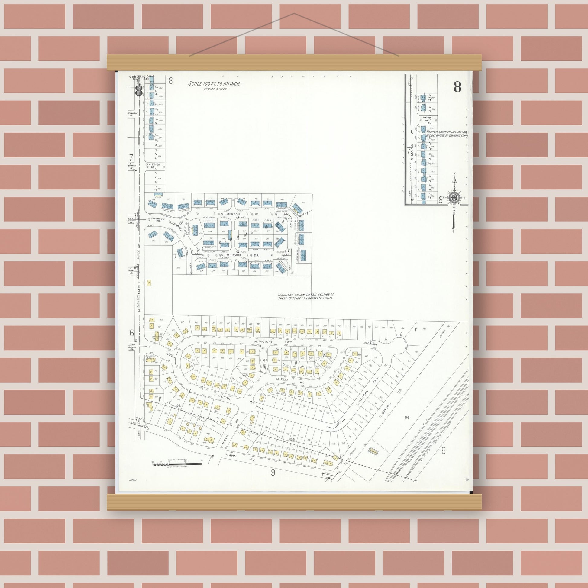 Old map wall art mockup — magnetic wood frame on brick wall — Sanborn Fire Insurance Map from Osborn, Greene County, Ohio (1943), Sheet #0008