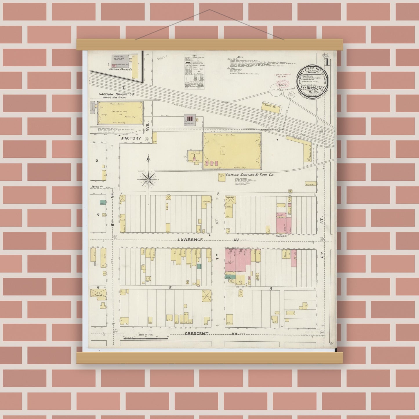 Old map wall art mockup — magnetic wood frame on brick wall — Sanborn Fire Insurance Map from Ellwood City, Lawrence County, Pennsylvania (1894), Sheet #0001
