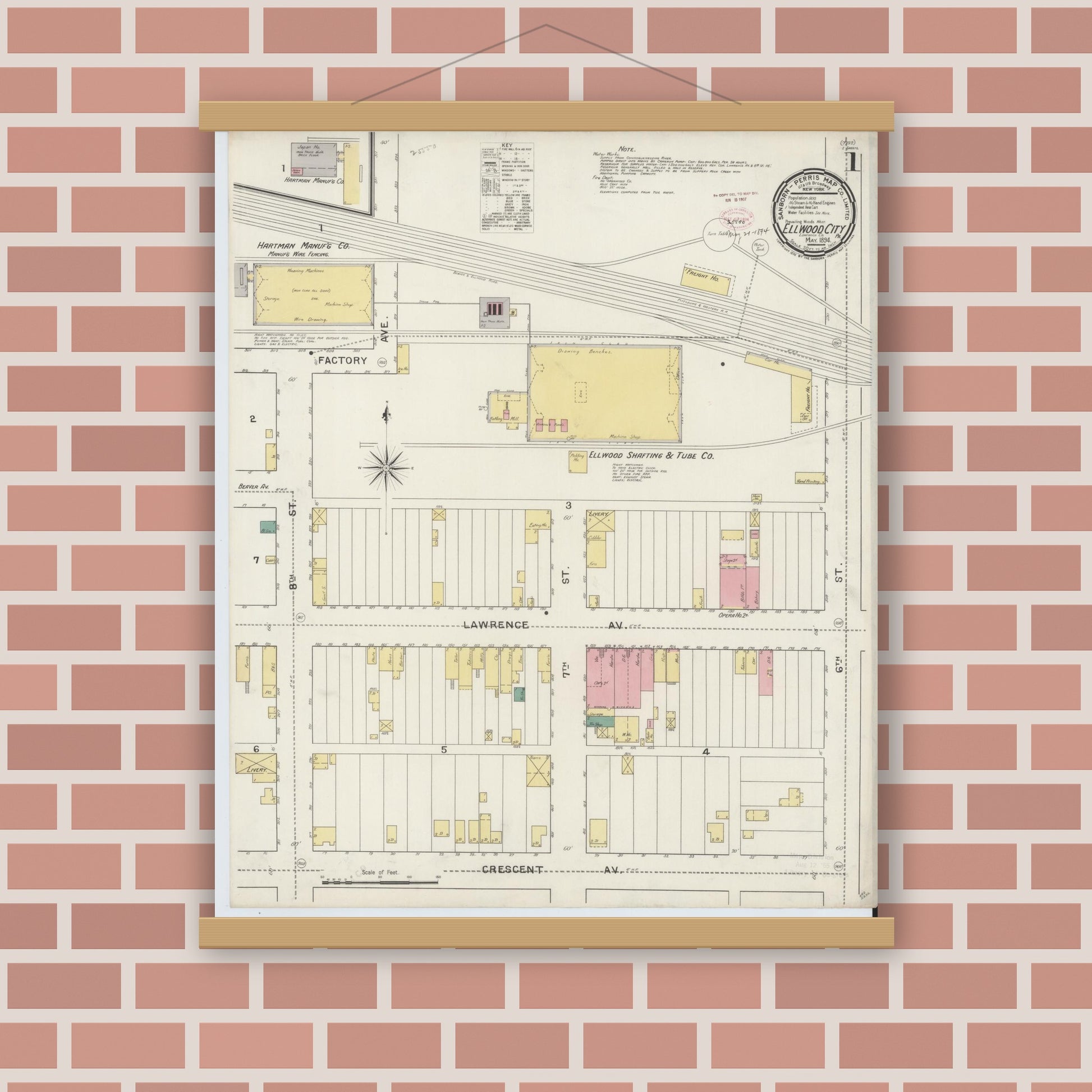 Old map wall art mockup — magnetic wood frame on brick wall — Sanborn Fire Insurance Map from Ellwood City, Lawrence County, Pennsylvania (1894), Sheet #0001