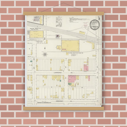 Old map wall art mockup — magnetic wood frame on brick wall — Sanborn Fire Insurance Map from Ellwood City, Lawrence County, Pennsylvania (1894), Sheet #0001