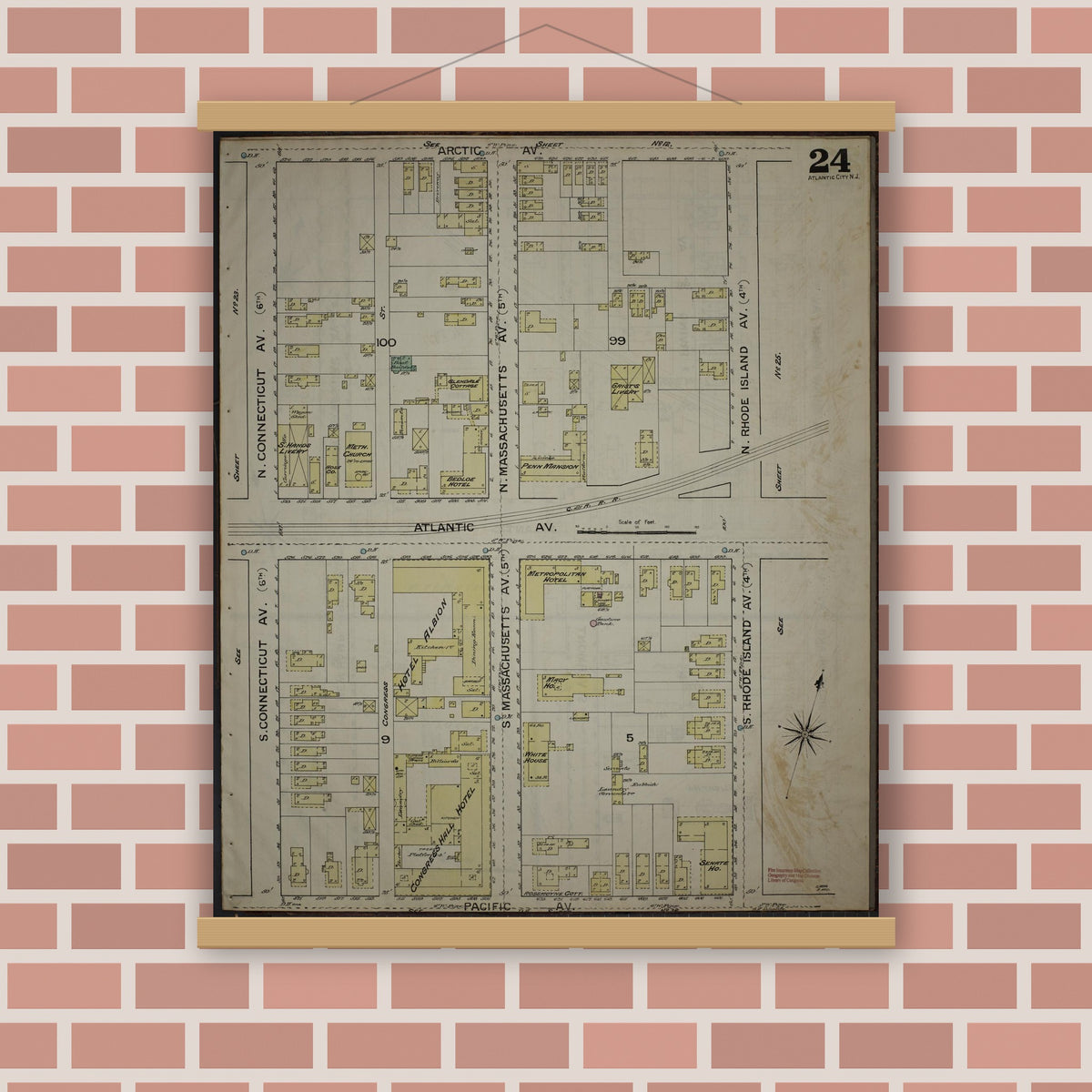 Old map wall art mockup — magnetic wood frame on brick wall — Sanborn Fire Insurance Map from Atlantic City, Atlantic County, New Jersey (1886), Sheet #0024