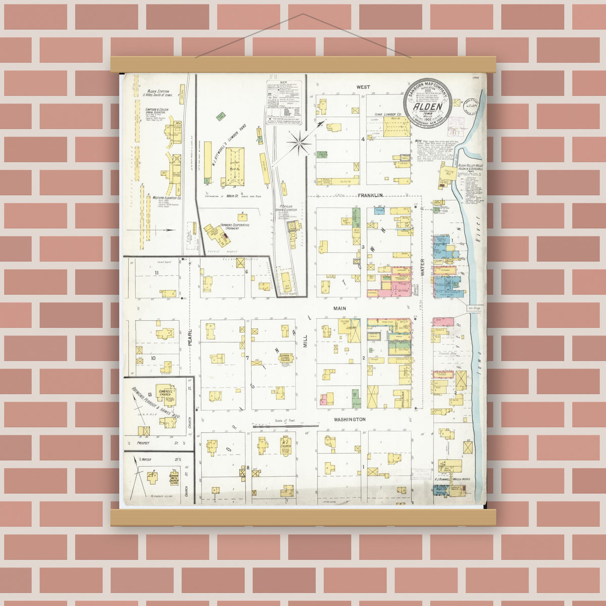 Old map wall art mockup — magnetic wood frame on brick wall — Sanborn Fire Insurance Map from Alden, Hardin County, Iowa (1902), Sheet #0001