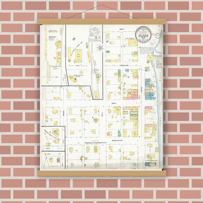 Old map wall art mockup — magnetic wood frame on brick wall — Sanborn Fire Insurance Map from Alden, Hardin County, Iowa (1902), Sheet #0001