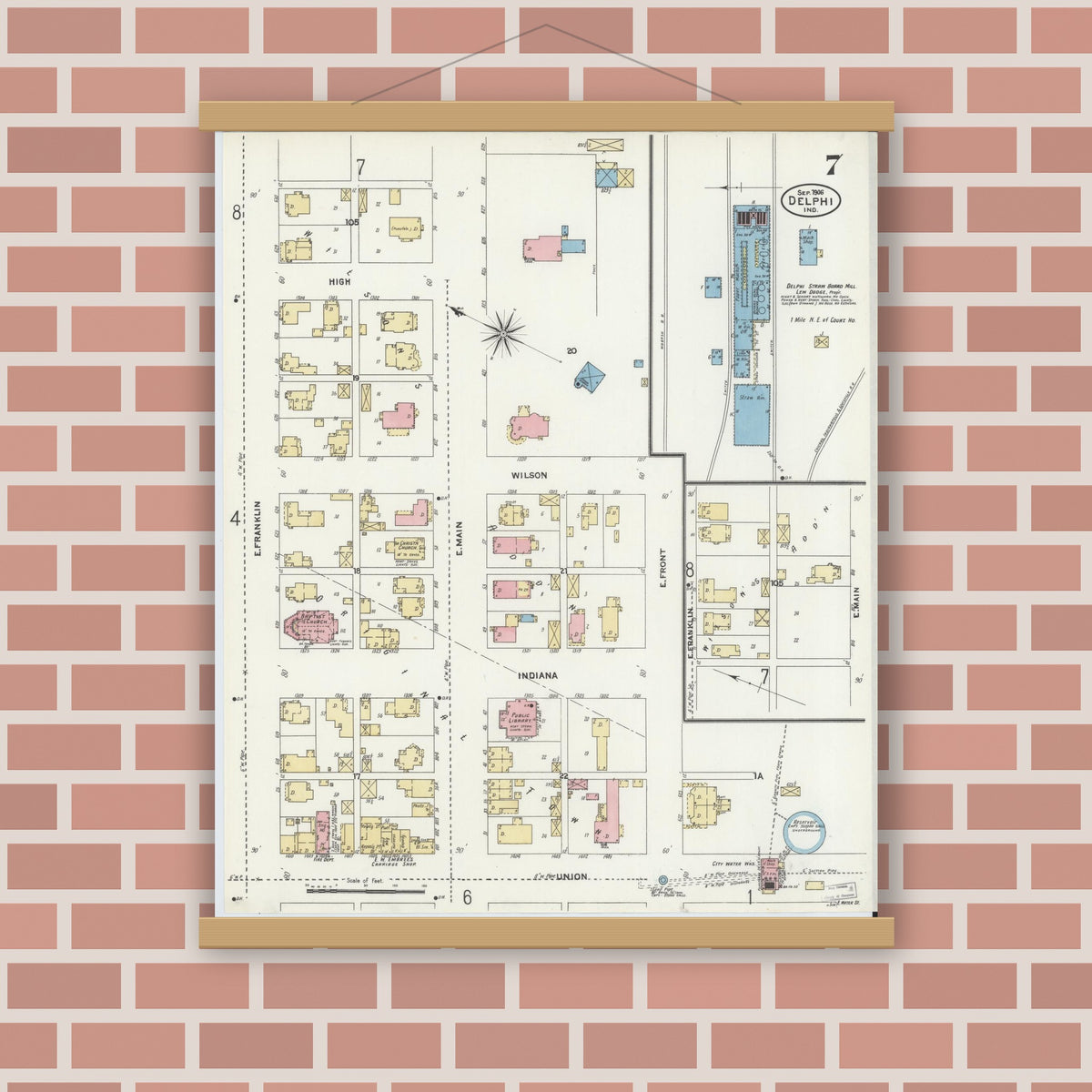 Old map wall art mockup — magnetic wood frame on brick wall — Sanborn Fire Insurance Map from Delphi, Carroll County, Indiana (1906), Sheet #0007