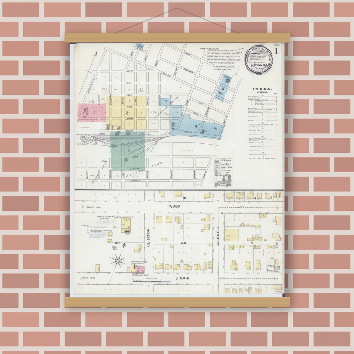 Old map wall art mockup — magnetic wood frame on brick wall — Sanborn Fire Insurance Map from Brookfield, Linn County, Missouri (1893) - Complete Map Set