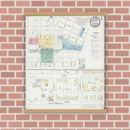 Old map wall art mockup — magnetic wood frame on brick wall — Sanborn Fire Insurance Map from Brookfield, Linn County, Missouri (1893) - Complete Map Set
