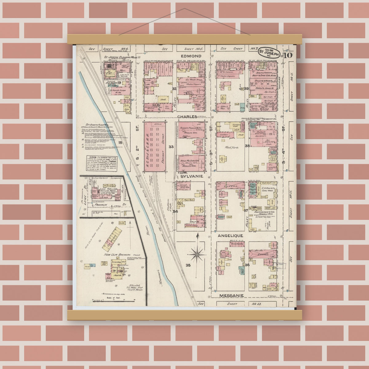 Old map wall art mockup — magnetic wood frame on brick wall — Sanborn Fire Insurance Map from Saint Joseph, Buchanan County, Missouri (1883), Sheet #0010