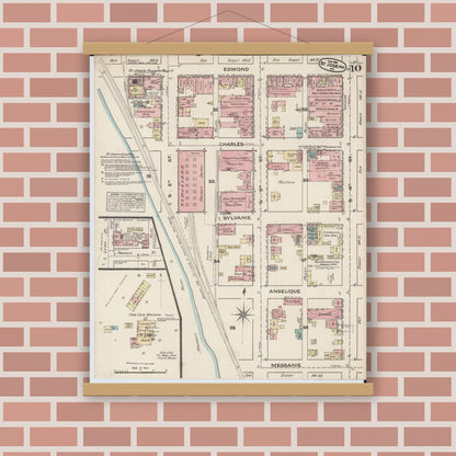 Old map wall art mockup — magnetic wood frame on brick wall — Sanborn Fire Insurance Map from Saint Joseph, Buchanan County, Missouri (1883), Sheet #0010