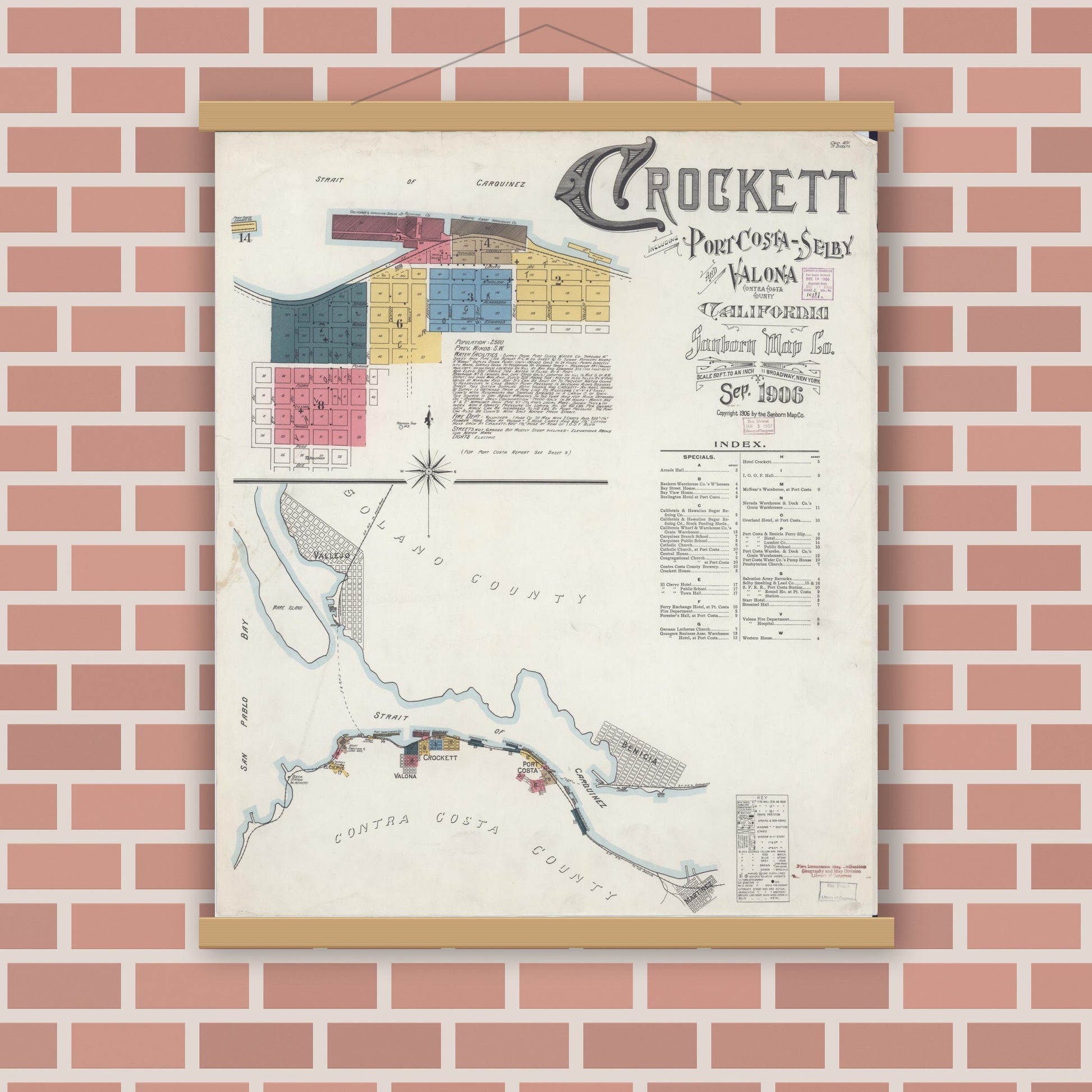 Old map wall art mockup — magnetic wood frame on brick wall — Sanborn Fire Insurance Map from Crockett, Contra Costa County, California (1906), Sheet #0001