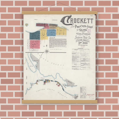 Old map wall art mockup — magnetic wood frame on brick wall — Sanborn Fire Insurance Map from Crockett, Contra Costa County, California (1906), Sheet #0001