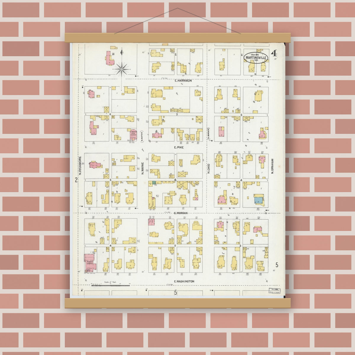Old map wall art mockup — magnetic wood frame on brick wall — Sanborn Fire Insurance Map from Martinsville, Morgan County, Indiana (1902), Sheet #0004