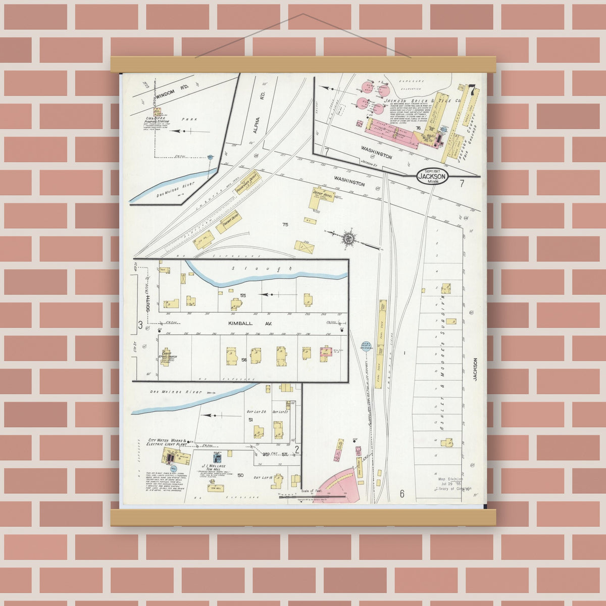 Old map wall art mockup — magnetic wood frame on brick wall — Sanborn Fire Insurance Map from Jackson, Jackson County, Minnesota (1917), Sheet #0007