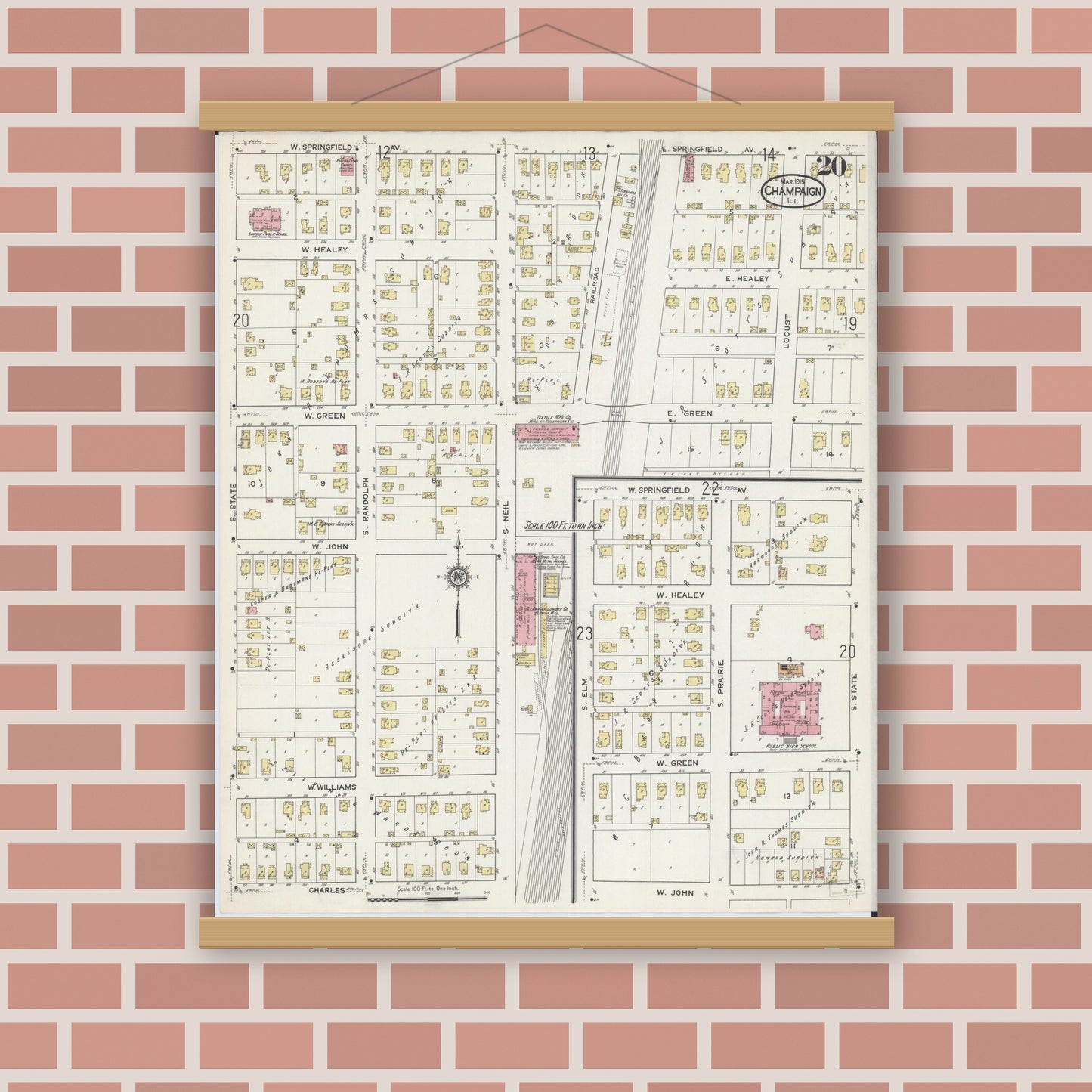 Old map wall art mockup — magnetic wood frame on brick wall — Sanborn Fire Insurance Map from Champaign, Champaign County, Illinois (1915), Sheet #0020