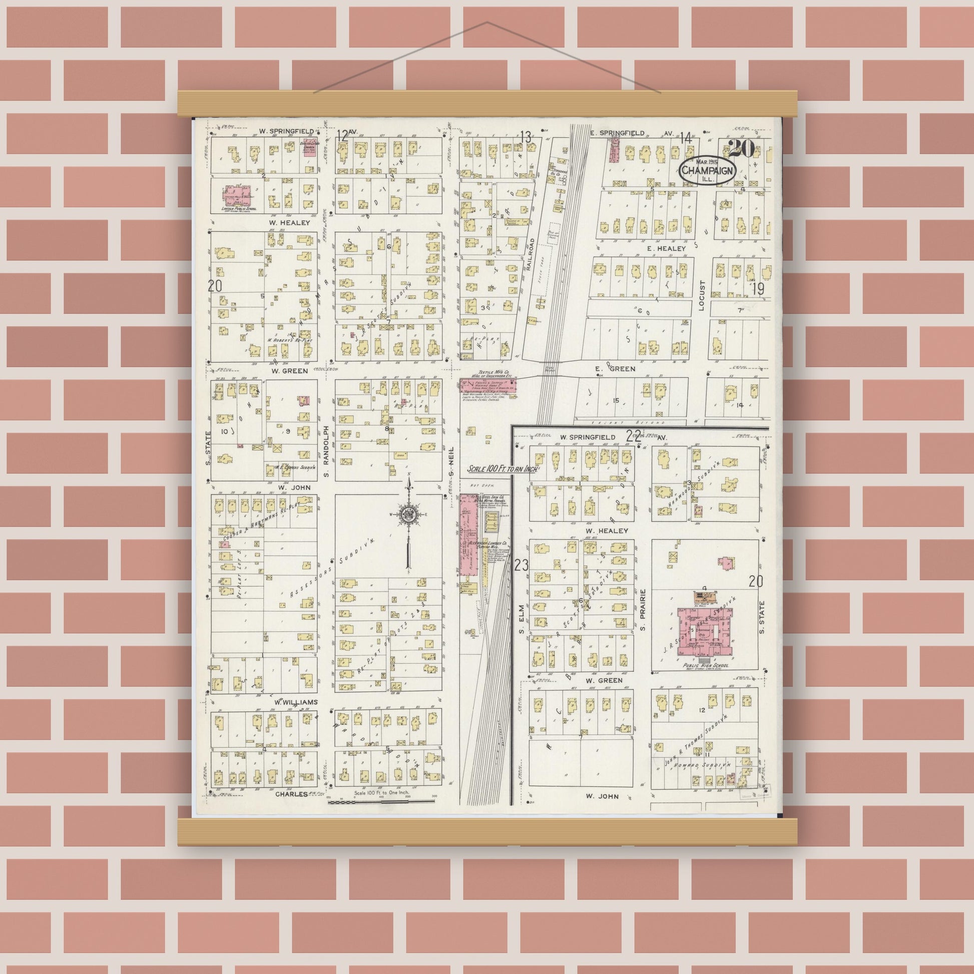 Old map wall art mockup — magnetic wood frame on brick wall — Sanborn Fire Insurance Map from Champaign, Champaign County, Illinois (1915), Sheet #0020