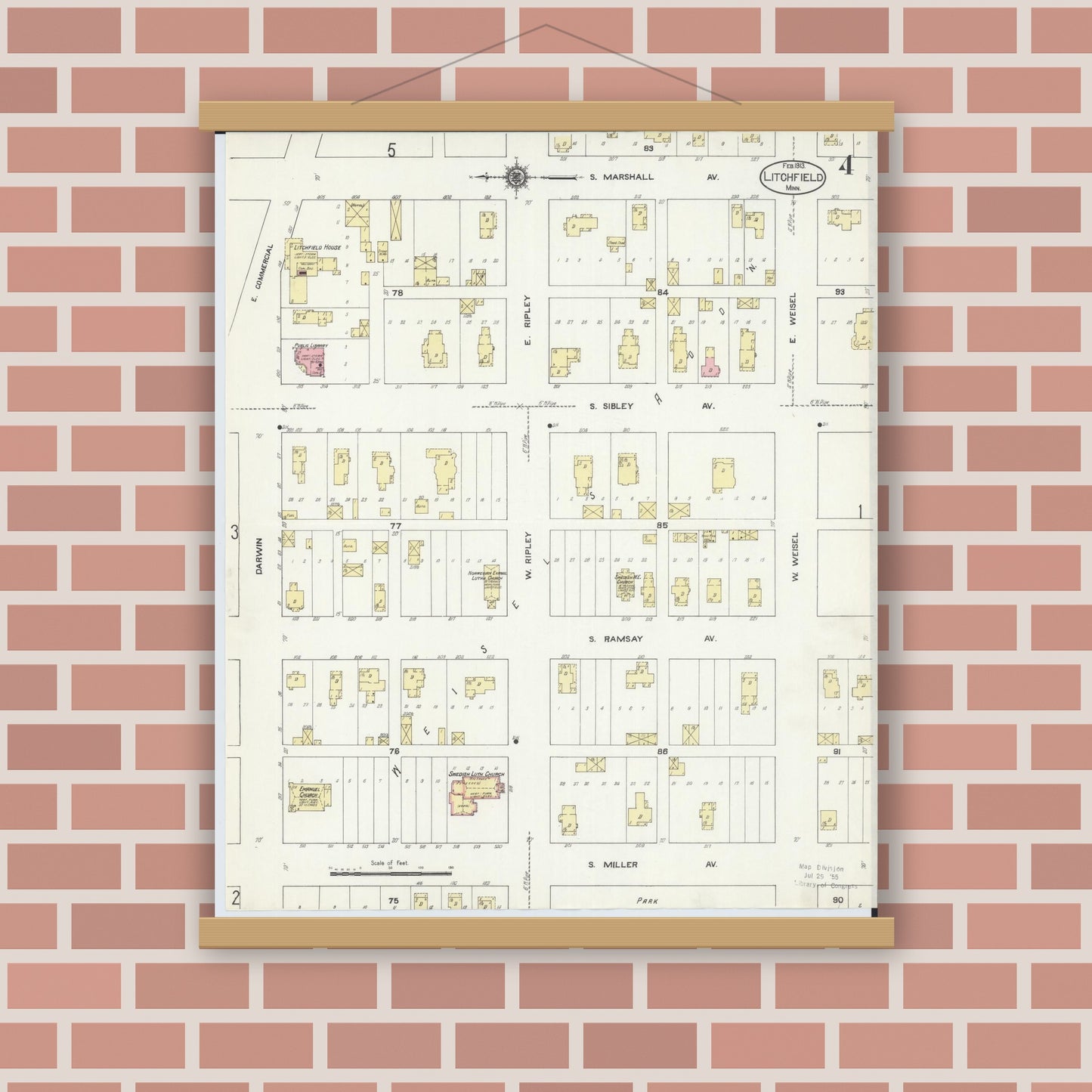 Old map wall art mockup — magnetic wood frame on brick wall — Sanborn Fire Insurance Map from Litchfield, Meeker County, Minnesota (1913), Sheet #0004