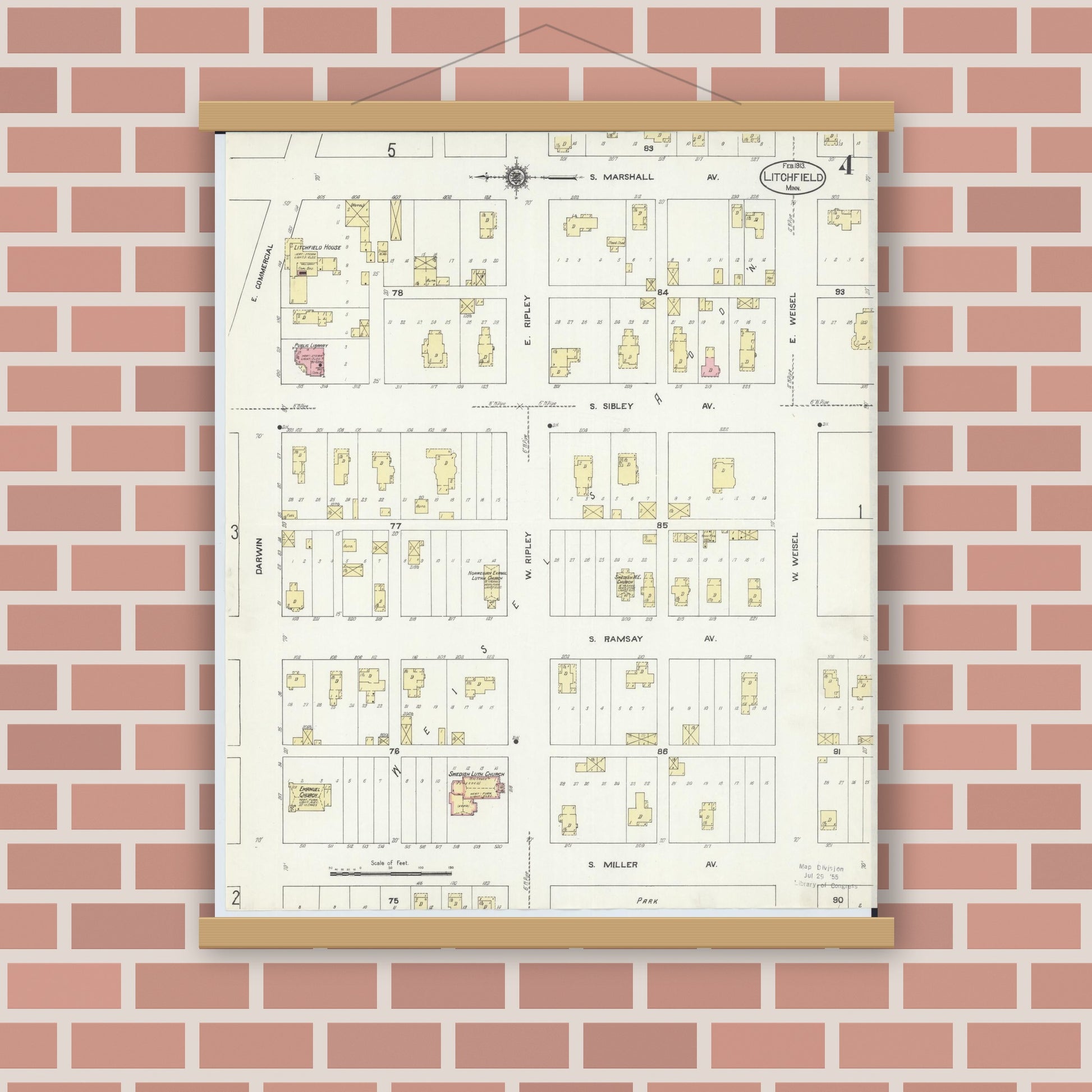 Old map wall art mockup — magnetic wood frame on brick wall — Sanborn Fire Insurance Map from Litchfield, Meeker County, Minnesota (1913), Sheet #0004