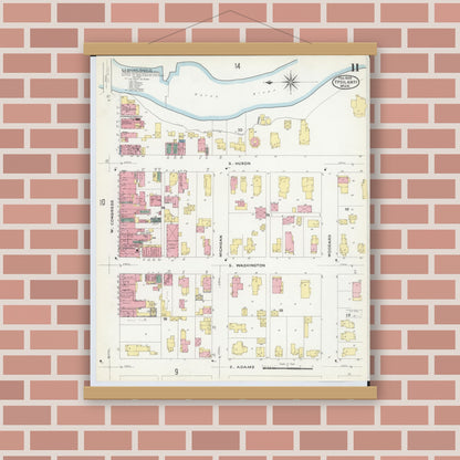 Old map wall art mockup — magnetic wood frame on brick wall — Sanborn Fire Insurance Map from Ypsilanti, Washtenaw County, Michigan (1909), Sheet #0011