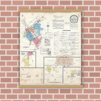 Old map wall art mockup — magnetic wood frame on brick wall — Sanborn Fire Insurance Map from Walpole, Norfolk County, Massachusetts (1944), Sheet #0001