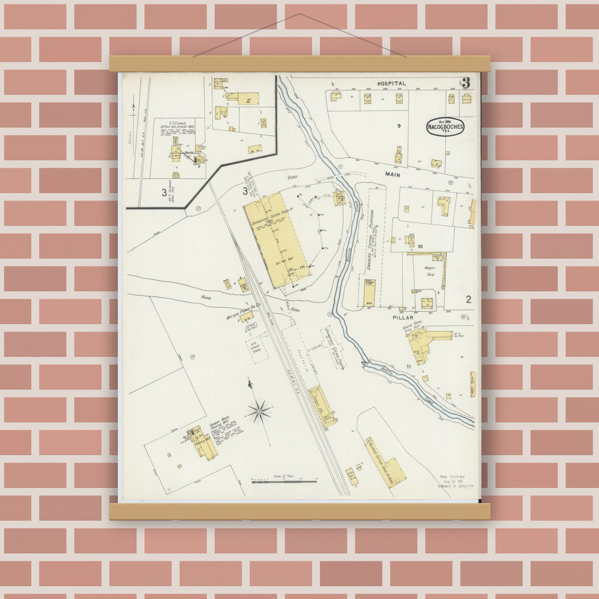 Old map wall art mockup — magnetic wood frame on brick wall — Sanborn Fire Insurance Map from Nacogdoches, Nacogdoches County, Texas (1896), Sheet #0003