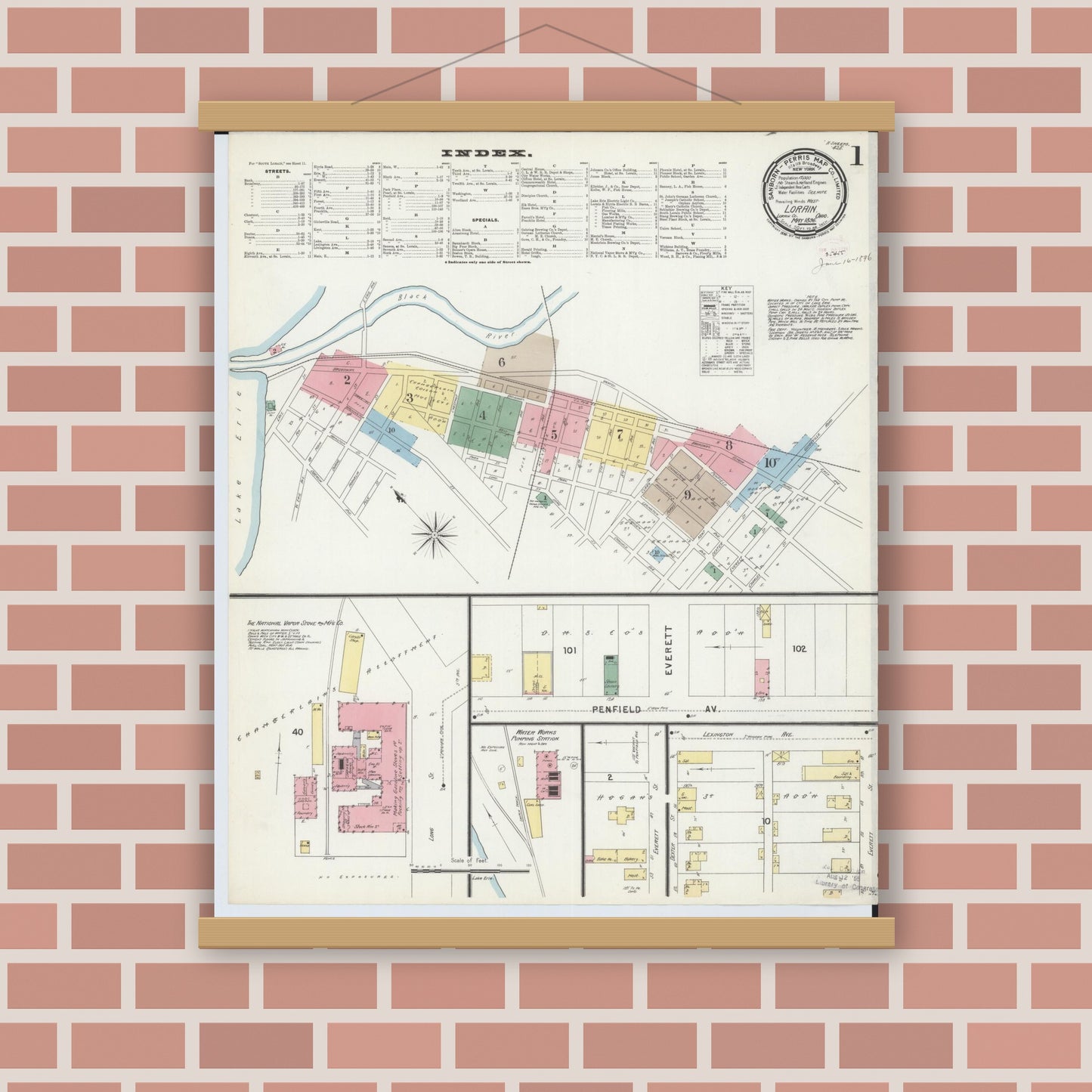 Old map wall art mockup — magnetic wood frame on brick wall — Sanborn Fire Insurance Map from Lorain, Lorain County, Ohio (1896) - Complete Map Set