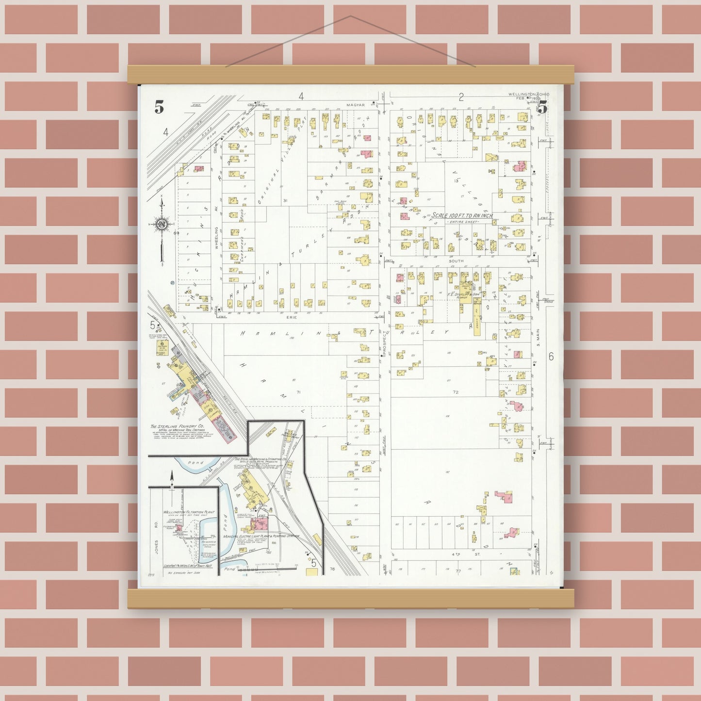 Old map wall art mockup — magnetic wood frame on brick wall — Sanborn Fire Insurance Map from Wellington, Lorain County, Ohio (1933), Sheet #0005