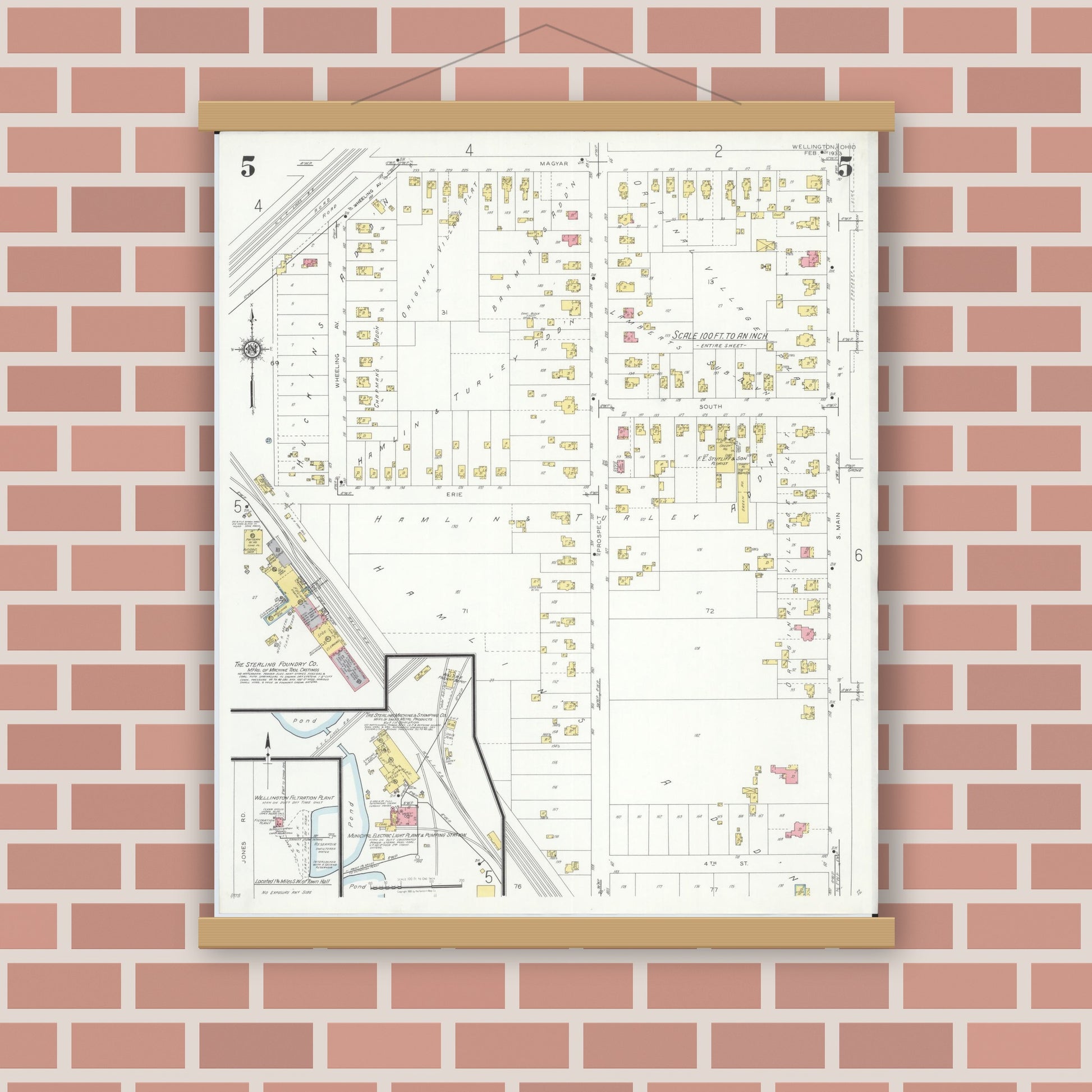 Old map wall art mockup — magnetic wood frame on brick wall — Sanborn Fire Insurance Map from Wellington, Lorain County, Ohio (1933), Sheet #0005