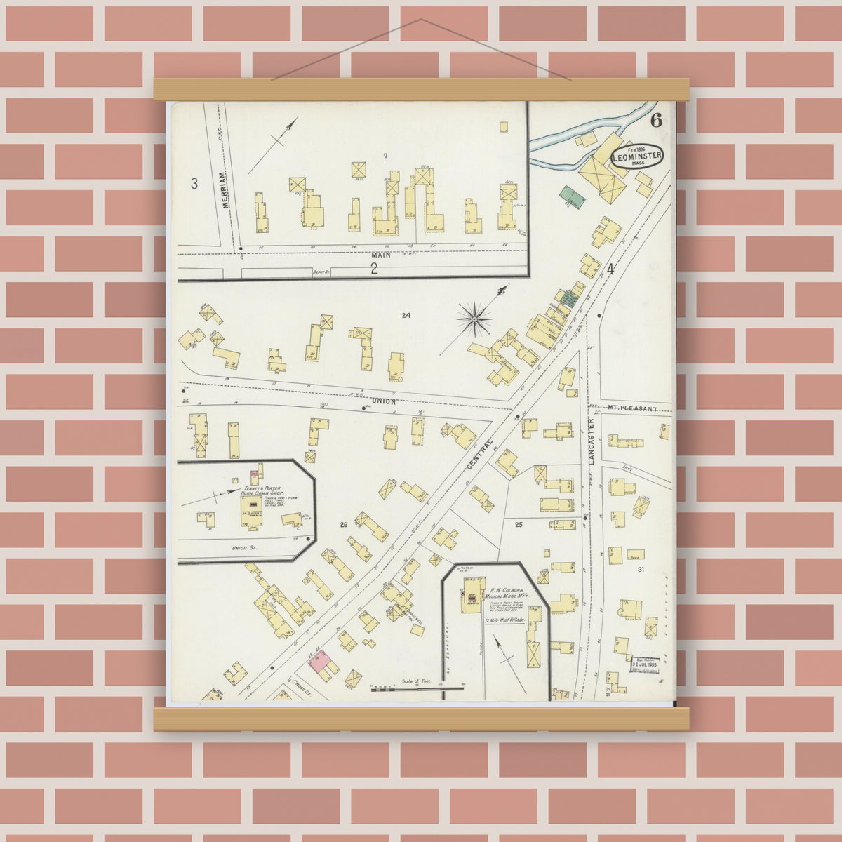 Old map wall art mockup — magnetic wood frame on brick wall — Sanborn Fire Insurance Map from Leominster, Worcester County, Massachusetts (1896), Sheet #0006