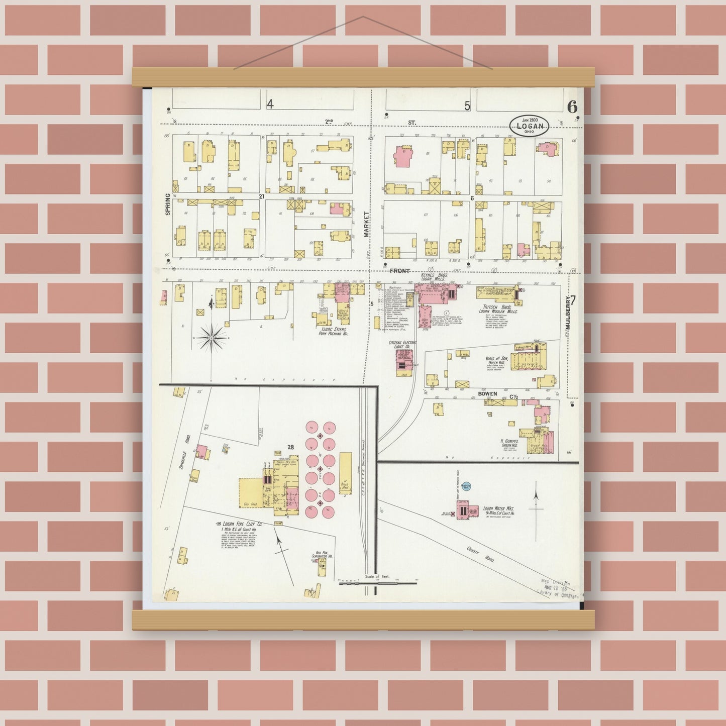 Old map wall art mockup — magnetic wood frame on brick wall — Sanborn Fire Insurance Map from Logan, Hocking County, Ohio (1900), Sheet #0006