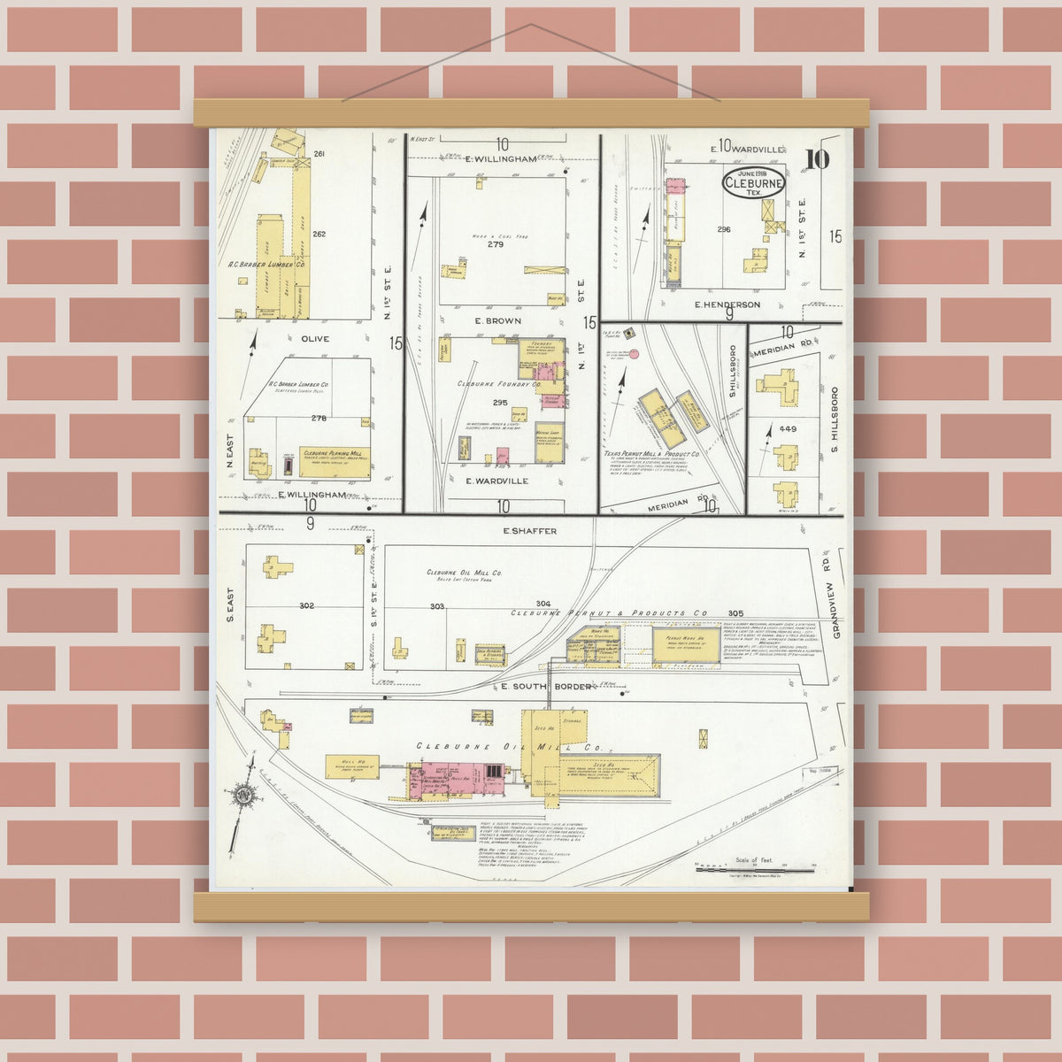 Old map wall art mockup — magnetic wood frame on brick wall — Sanborn Fire Insurance Map from Cleburne, Johnson County, Texas (1918), Sheet #0010