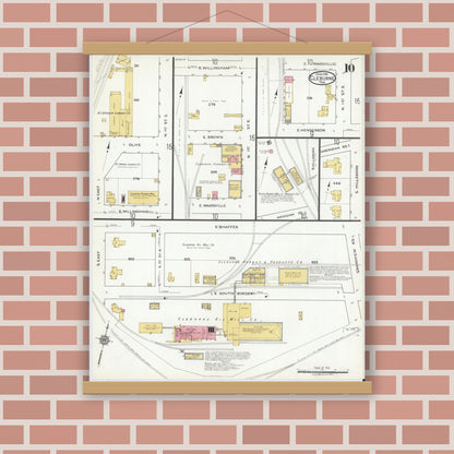 Old map wall art mockup — magnetic wood frame on brick wall — Sanborn Fire Insurance Map from Cleburne, Johnson County, Texas (1918), Sheet #0010