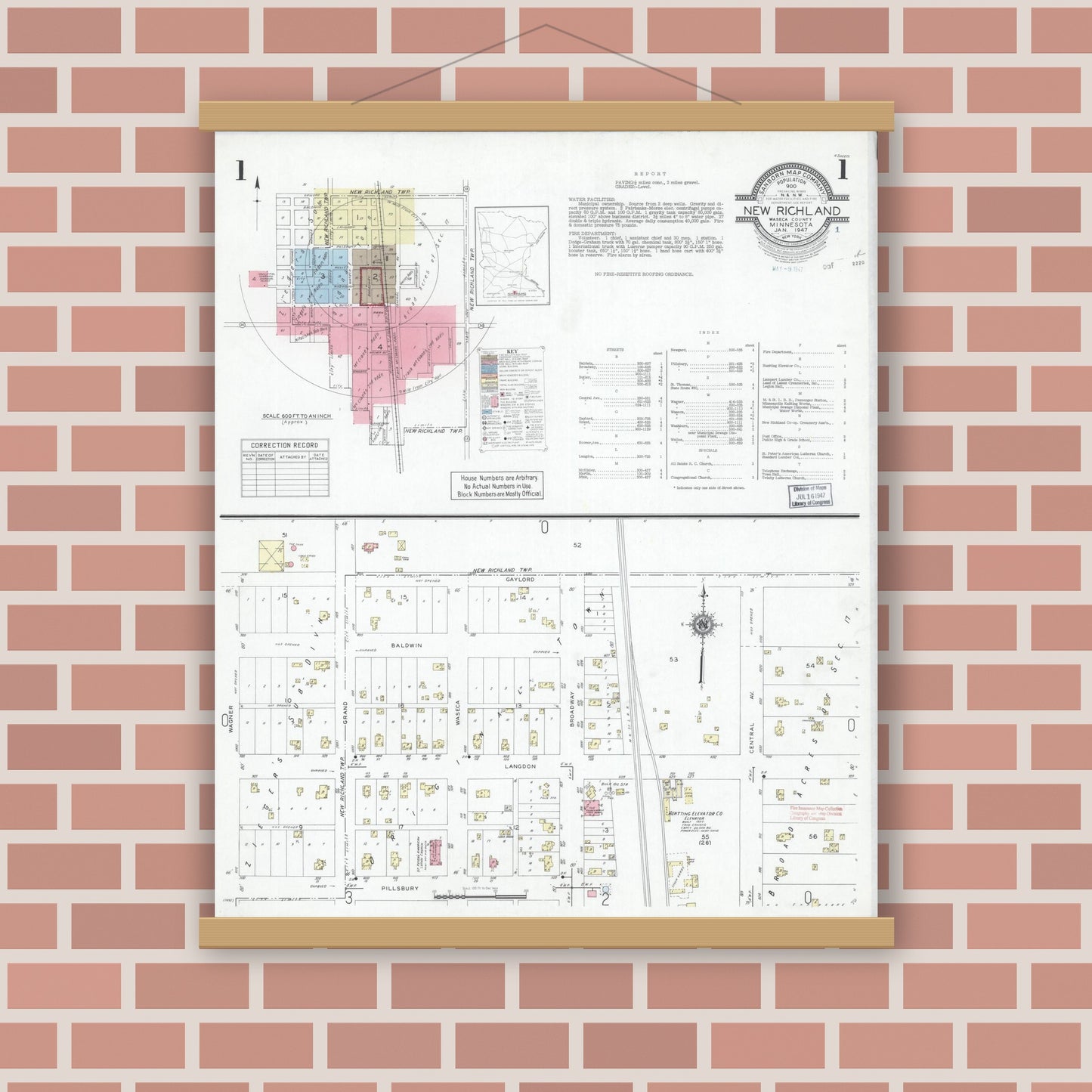 Old map wall art mockup — magnetic wood frame on brick wall — Sanborn Fire Insurance Map from New Richland, Waseca County, Minnesota (1947) - Complete Map Set