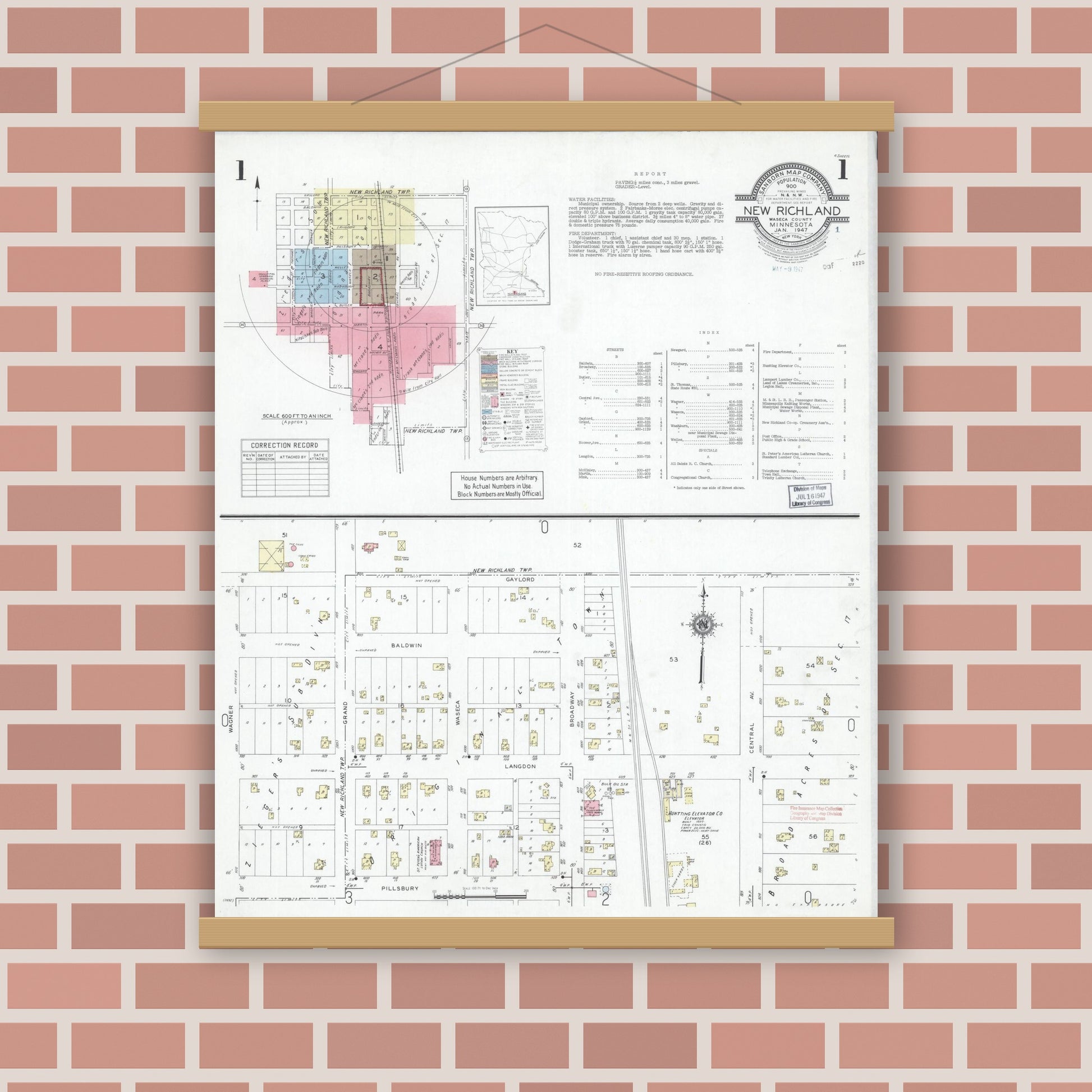 Old map wall art mockup — magnetic wood frame on brick wall — Sanborn Fire Insurance Map from New Richland, Waseca County, Minnesota (1947) - Complete Map Set
