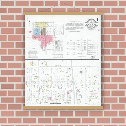 Old map wall art mockup — magnetic wood frame on brick wall — Sanborn Fire Insurance Map from New Richland, Waseca County, Minnesota (1947) - Complete Map Set