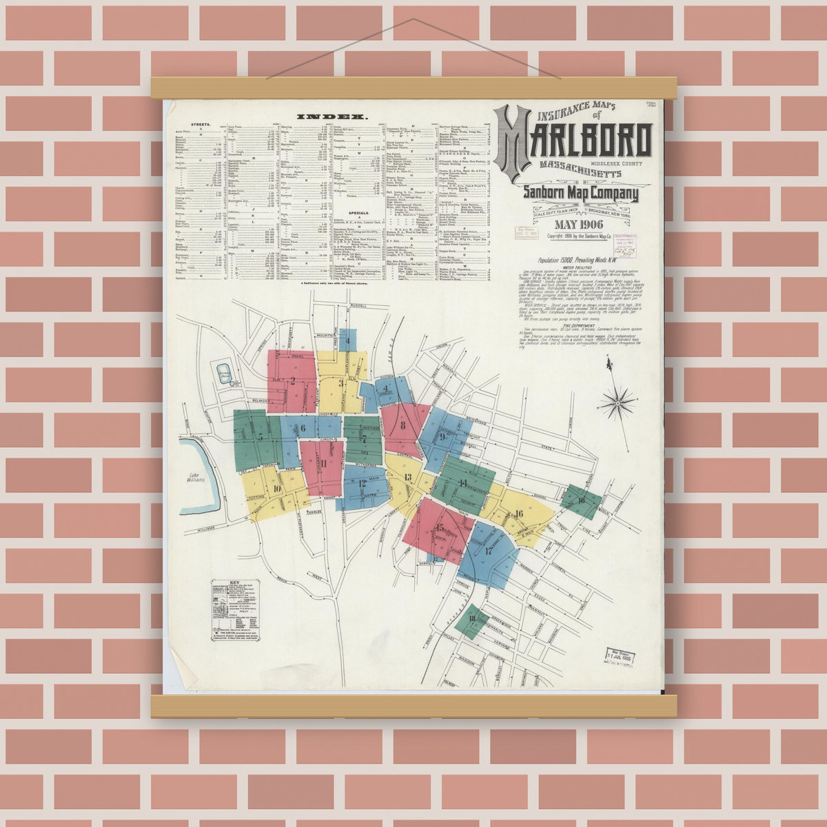 Old map wall art mockup — magnetic wood frame on brick wall — Sanborn Fire Insurance Map from Marlborough, Middlesex County, Massachusetts (1906), Sheet #0001